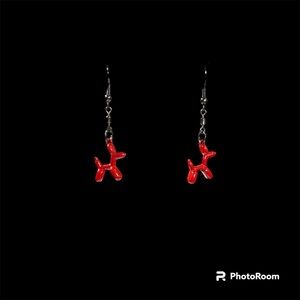 Red Metal Balloon Dog Earrings Handmade